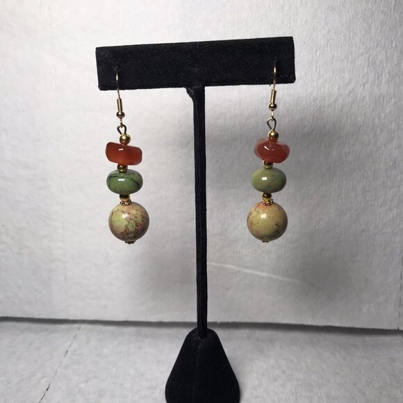 Handmade Amber & Faux Jasper Beaded Earrings Boho Dangle Jewelry - Picture 1 of 4